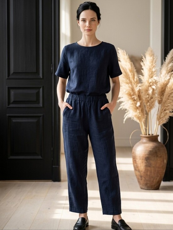 Quince Pants - Quince Dark Blue 100% Linen SZ M Pull On Relaxed Fit Cropped Casual Pants